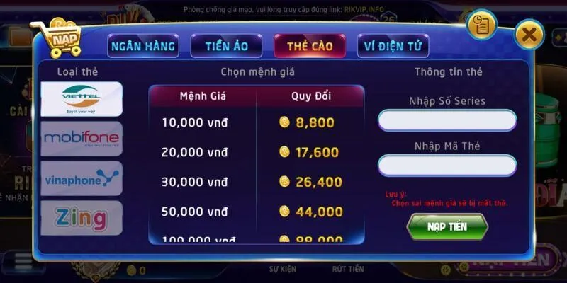 Quy trình nạp tiền thông qua thẻ cào điện thoại